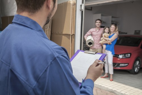 Removal team carrying boxes from a Dalston flat with stair access