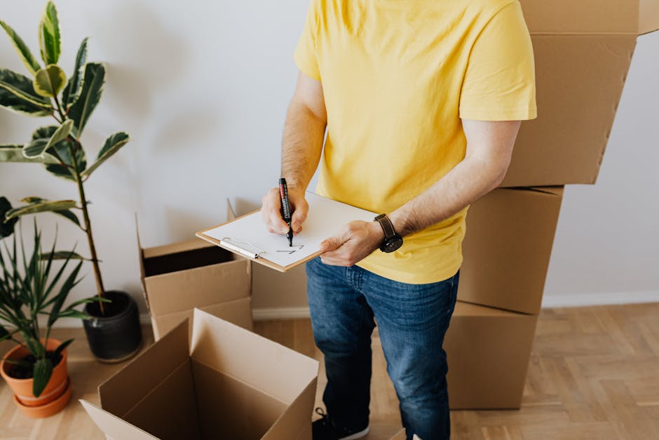 A man with curly black hair and a beard is sitting on a small wooden stool inside a room with a textured, light blue wall. He is wearing a dark blue T-shirt with a patterned pocket on the left side and dark trousers. The man is holding a blue pen in his right hand and writing on a clipboard resting on his lap, appearing to be assessing or planning a move. Surrounding him are several cardboard boxes, some sealed with black tape and others open or partially packed, positioned on the floor and stacked against the wall. Behind him, a white shelving unit holds various decorative objects, including a glass bottle, vases, and cups. The room is well-lit, likely from natural light, indicating a typical home environment. This scene exemplifies the process of home relocation or furniture transport preparation, with [COMPANY_NAME] providing professional removals services, as suggested by the context.