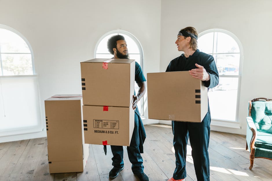 Two men involved in home relocation inside a bright room with large, curved windows allowing natural light. One man with an afro hairstyle and beard is holding two cardboard boxes, stacked one over the other, with red tapes securing the lids and black printed labels indicating the volume. The other man with lighter hair and wearing a headband is also carrying a cardboard box, holding it at chest level, engaged in conversation. The room features wooden flooring, and there are additional empty cardboard boxes on the floor, ready for packing or transportation. An antique-style green armchair with ornate wooden arms is positioned against the wall on the right, while the background showcases a clean, white interior wall with a slight arch around the windows. This scene captures the process of packing and loading boxes as part of a professional house removal service by Man with Van Dalston, preparing for a furniture transport or move.
