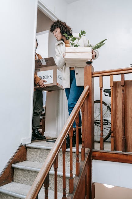 A woman with curly dark hair carrying a wooden plant pot with green leaves, standing on a staircase landing inside a house, preparing to move boxes during a home relocation. She holds three cardboard boxes, one labeled 'BOOKS,' as she waits for assistance at the top of the carpeted staircase with wooden banisters. The background shows a partially open door to a storage closet where a person’s leg and foot are visible, along with additional packed boxes and plastic wrap materials. A bicycle is seen against the wall in the adjacent room, and natural light illuminates the scene, highlighting the organized packing and moving process coordinated by a professional removals team, such as Man with Van Dalston, involved in furniture transport and efficient packing during relocation.