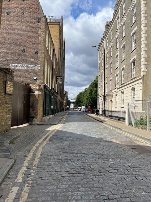A narrow street in Dalston with a slight curve, featuring a weathered metal fence on the left side covered with colorful posters and flyers advertising events and performances, including reggae concerts, Jamaican artists, and live music. Behind the fence, small trees and some greenery are visible. On the right side, a brick wall partially covered with dense green ivy runs alongside the sidewalk. The street is paved with asphalt and has double yellow lines along the curb, indicating parking restrictions. Overhead, there is a blue metal bridge structure connecting buildings on either side, supporting a rail line or walkway. The buildings in the background are multi-story brick residential or commercial structures with chimneys and small balconies. The scene is lit by natural daylight under an overcast sky, and the overall setting suggests a typical urban environment suitable for house removals and furniture transport, with Man with Van Dalston occasionally involved in managing this type of moving logistics and home relocation in the area.